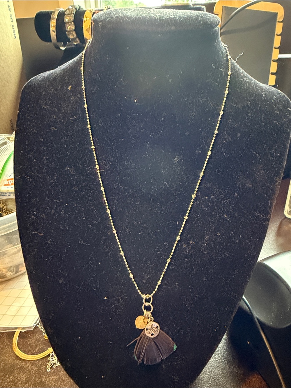 Necklace with Dark Brown Feather and Disc Charms